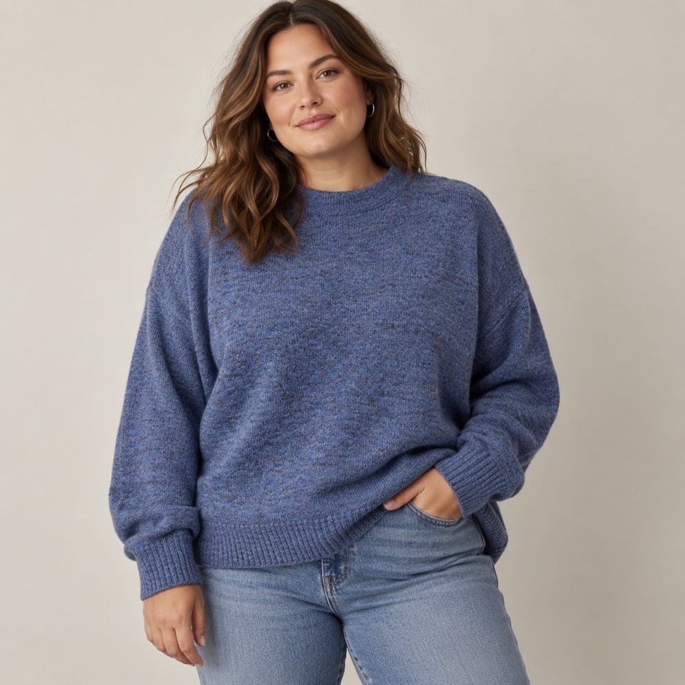 Well Worn Blue Marled Wool Blend Funnel Neck Oversized Sweater, L